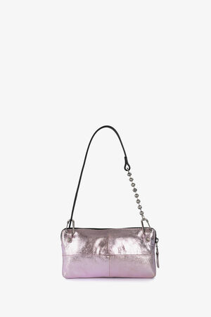 A metallic light purple rectangular handbag by INA KENT with a black strap and silver chain detail, set against a plain white background.