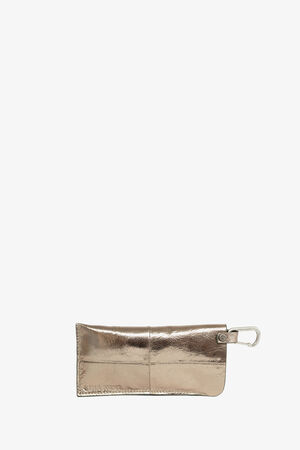 A metallic gold rectangular pouch by INA KENT with visible stitching, a zippered closure, and a silver carabiner clip attached to one end.
