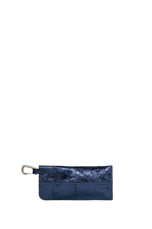 A rectangular dark blue leather key pouch by INA KENT features a patchwork design and a metal clip attached to one end, displayed against a white background.