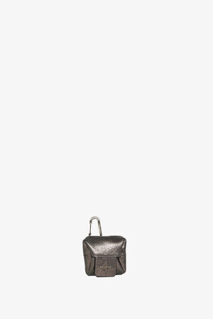 A small, metallic, rectangular pouch from INA KENT with a flap closure and a carabiner clip attached to the top, photographed against a plain white background.
