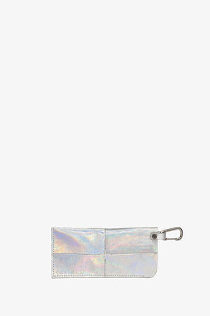 Iridescent rectangular pouch with a metal clasp, featuring stitched sections and a small INA KENT embossed logo in the lower left corner, against a white background.