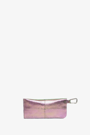 A metallic pink rectangular INA KENT pouch with a front seam and a silver carabiner clip attached to one corner, displayed on a plain white background.