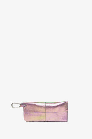 Rectangular, iridescent pink metallic pouch by INA KENT with a visible seam and a silver carabiner clip attached to one end, displayed against a plain white background.