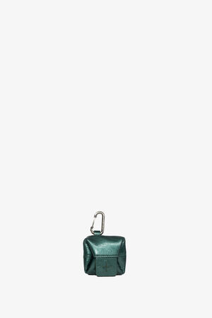 Small metallic green square pouch by INA KENT with a carabiner clip attached, displayed against a plain white background.