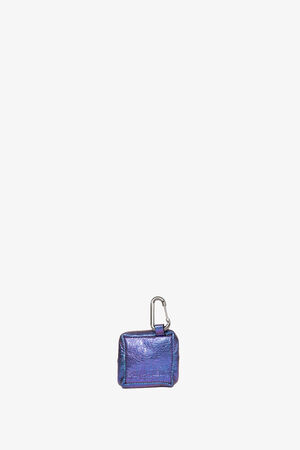 Metallic purple rectangular pouch by INA KENT with a zipper and attached silver carabiner, displayed on a plain white background.