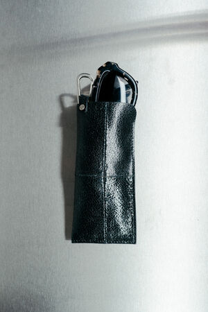 A pair of sunglasses partially inside a black INA KENT leather case, placed on a flat, light-colored surface.