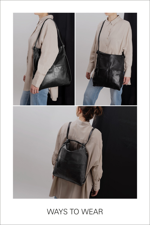 INA KENT spacious, versatile leather bag with exterior pockets AMPLE ed.2 worn as tote bag, crossbody bag, backpack