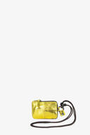 A small, metallic gold pouch with a zipper, proudly bearing the INA KENT label, is attached to a brown strap against a plain white background.