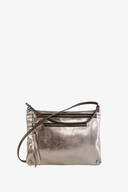 The Silver metallic clutch by INA KENT boasts a detachable strap, a front zipper pocket, and a main zippered compartment.