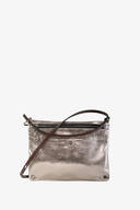 The INA KENT metallic silver clutch bag boasts a sleek zipper and a thin black shoulder strap. With its smooth texture and small round studs accenting the corners, this chic accessory merges elegance with edgy style.