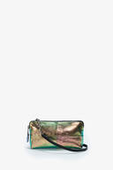 The INA KENT metallic multicolored wristlet pouch, featuring a sleek black strap, rests elegantly against a pristine white background.