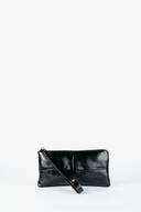 A black, rectangular patent leather INA KENT wristlet bag with a detachable strap, displayed against a plain white background.