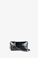 A small, rectangular black patent leather INA KENT handbag with a shoulder strap and silver hardware, displayed against a plain white background.