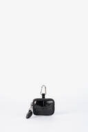A small black glossy zippered case by INA KENT, featuring a metal clip and a textured tag, placed against a plain white background.