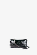A small black patent leather crossbody bag by INA KENT, featuring a thin strap and silver hardware, set against a plain white background.