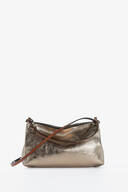 An INA KENT metallic bronze leather handbag with a zip closure and thin shoulder strap, displayed against a plain white background.