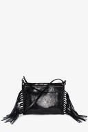 An INA KENT black leather crossbody bag with a zipper closure, fringe detailing on the sides, and a shoulder strap, displayed against a white background.