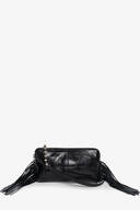 INA KENT black leather crossbody bag with a zipper closure, side fringe details, and a small decorative chain with beads on the zipper pull, displayed against a plain white background.