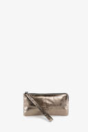 An INA KENT metallic bronze wristlet clutch with a zipper closure and an attached wrist strap, displayed against a plain white background.