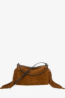 Brown suede INA KENT shoulder bag with fringe detailing on the sides, a zipper closure, and a long strap, displayed against a white background.