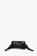 A black leather INA KENT clutch bag with a shoulder strap, silver chain detail, and long fringe tassels on both sides, displayed against a plain white background.