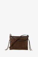 Brown suede INA KENT crossbody bag with a front zipper, leather strap, and side tassel details, shown against a plain white background.