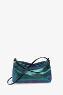 Metallic teal and purple INA KENT shoulder bag with a black strap, zip closure, and a round metal charm, displayed against a plain white background.